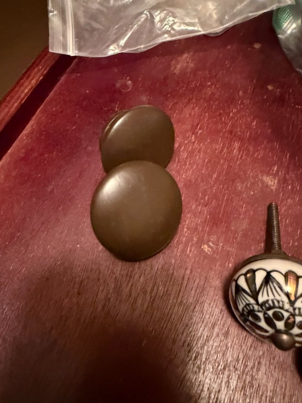 Rustic Brown Painted Round Wooden Knobs Farmhouse Wood Cabinet Pulls, Set of 2 - Picture 4 of 6